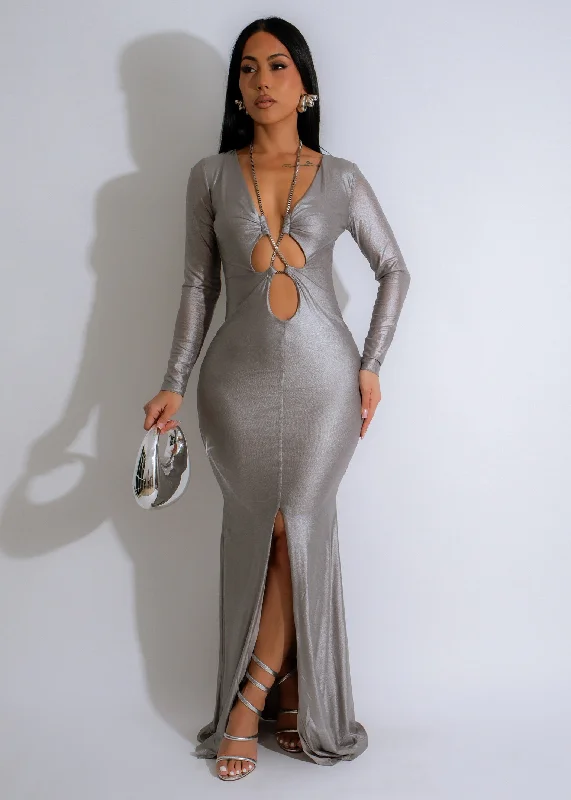 Scarlet Mirage Mesh Maxi Dress Silver Elegant Boho Maxi Dress