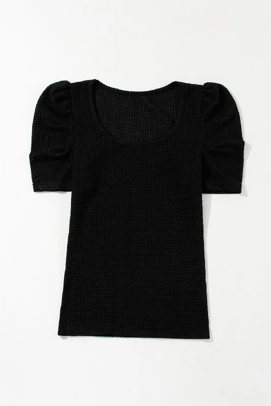 Short Sleeve Ribbed Scoop Neck T-Shirt with Sheer Sleeves Mesh Fabric Canvas Fabric Denim Fabric