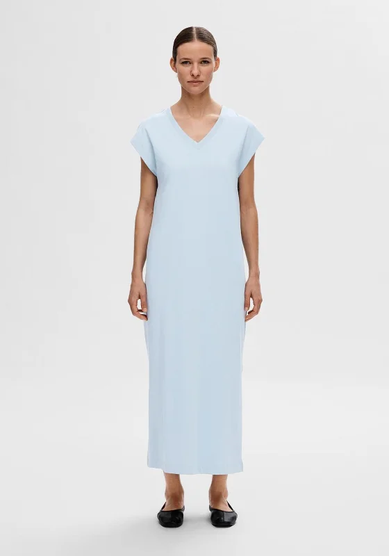 Selected Femme V Neck Jersey Maxi Dress, Cashmere Blue Comfortable Maxi Dress with Slits Selected Femme V Neck Jersey Maxi Dress, Cashmere Blue Comfortable Maxi Dress with Slits