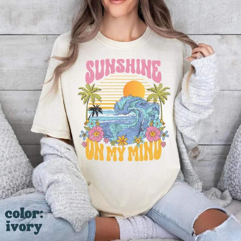 Sunshine on My Mind Beach Tee - Sunshine Aesthetic - Summer Beach Tee - Comfort Colors Oversized Women's Tee Knit Fabric Woven Fabric Fleece Fabric