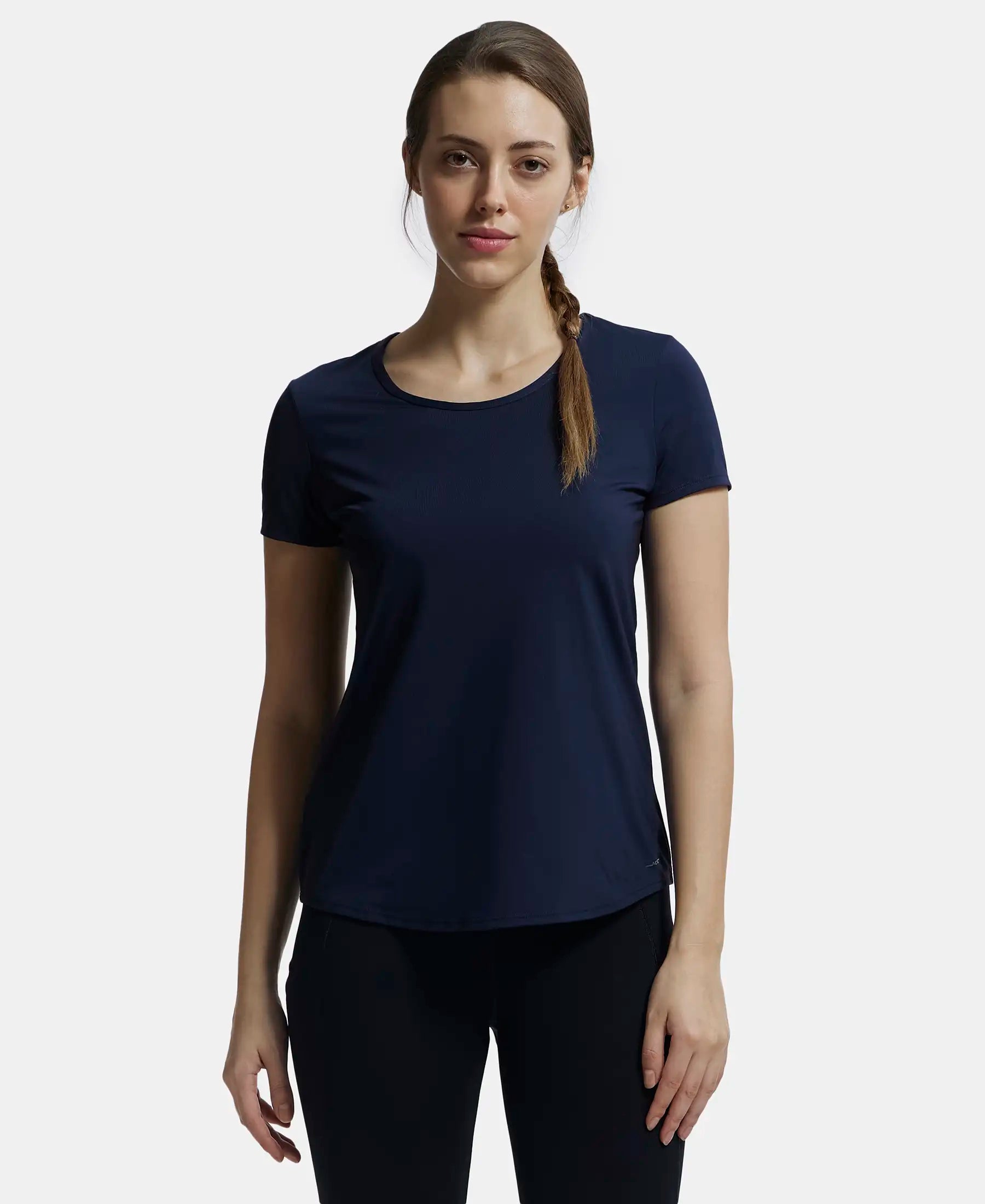 Tactel Microfiber Elastane Stretch Relaxed Fit Solid Curved Hem Styled Short Sleeve T-Shirt - Cosmic Sapphire Solid Color Striped Floral Tactel Microfiber Elastane Stretch Relaxed Fit Solid Curved Hem Styled Short Sleeve T-Shirt - Cosmic Sapphire Solid Color Striped Floral