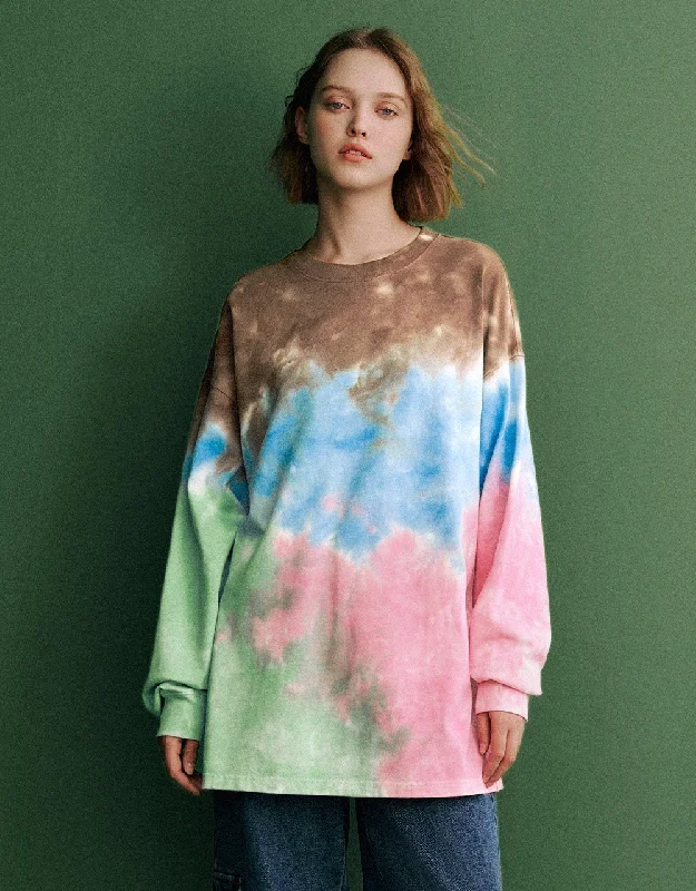 Tie Dye Crew Neck Loose T-Shirt Mesh Blend Leather Blend Suede Blend