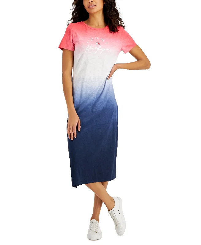 Tommy Hilfiger Womens Cotton Dip Dyed Midi T-Shirt Dress Terry Blend Velvet Blend Canvas Blend