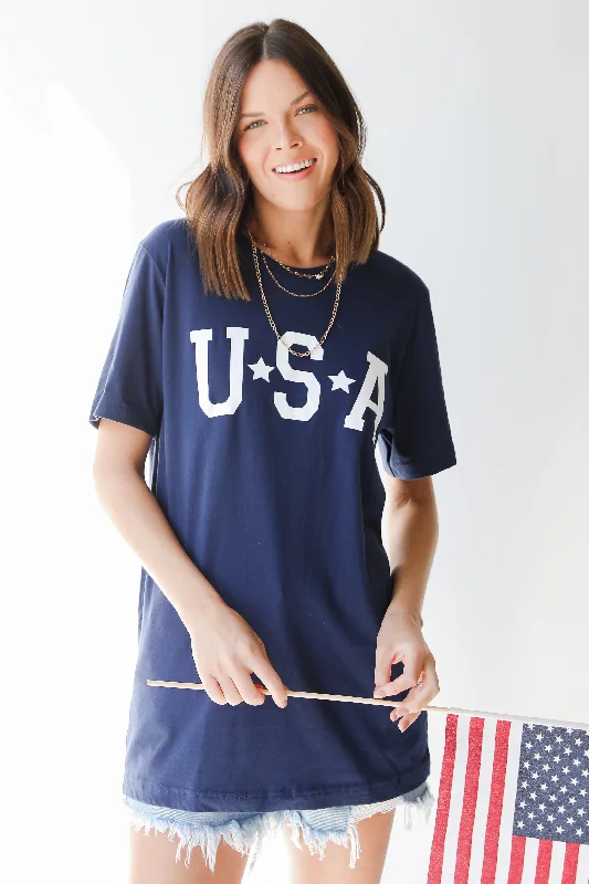 USA Star Graphic Tee Collared T-Shirt Boat Neck A-Line