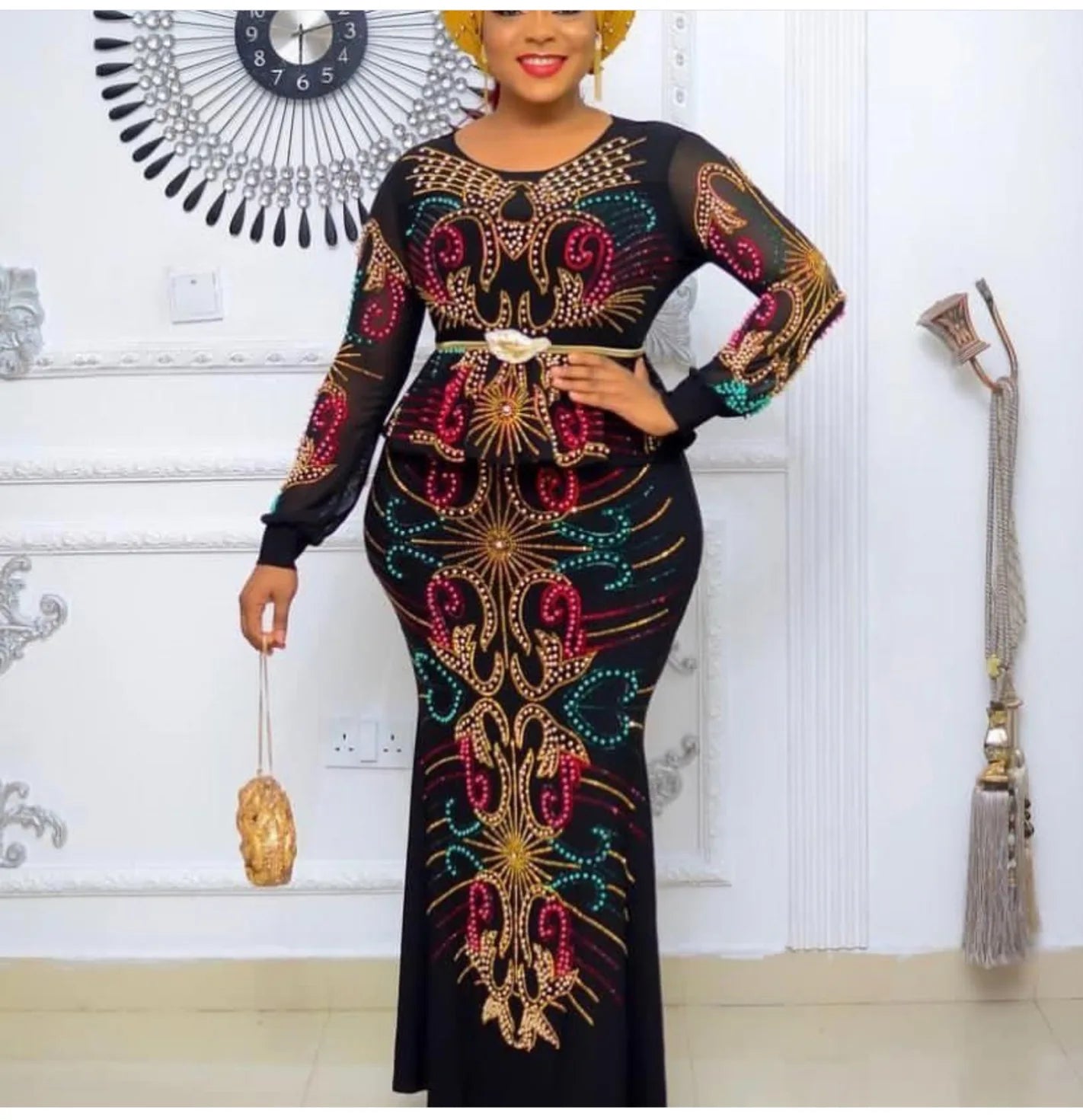 Velvet African Dresses for Women: Summer Fashion Long Sleeve O-Neck Maxi Dress with Matching Headtie Classic V-Neck Maxi Dress Velvet African Dresses for Women: Summer Fashion Long Sleeve O-Neck Maxi Dress with Matching Headtie Classic V-Neck Maxi Dress