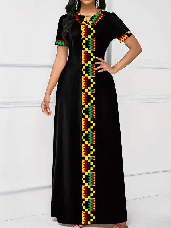 Vibrant Ethnic Print Maxi Dress - Chic Keyhole Detail, Relaxed Crew Neck, Short Sleeves, Flowy Floor-Sweeping Style Classic Strapless Maxi Dress Vibrant Ethnic Print Maxi Dress - Chic Keyhole Detail, Relaxed Crew Neck, Short Sleeves, Flowy Floor-Sweeping Style Classic Strapless Maxi Dress