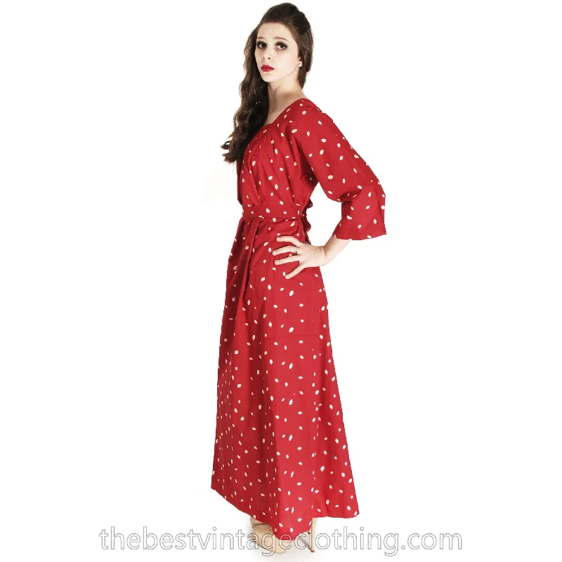 Vintage 1974 Marimekko Red Polka Dot Maxi Dress Designer Small Cotton Comfortable Plunging Neckline Maxi Dress Vintage 1974 Marimekko Red Polka Dot Maxi Dress Designer Small Cotton Comfortable Plunging Neckline Maxi Dress