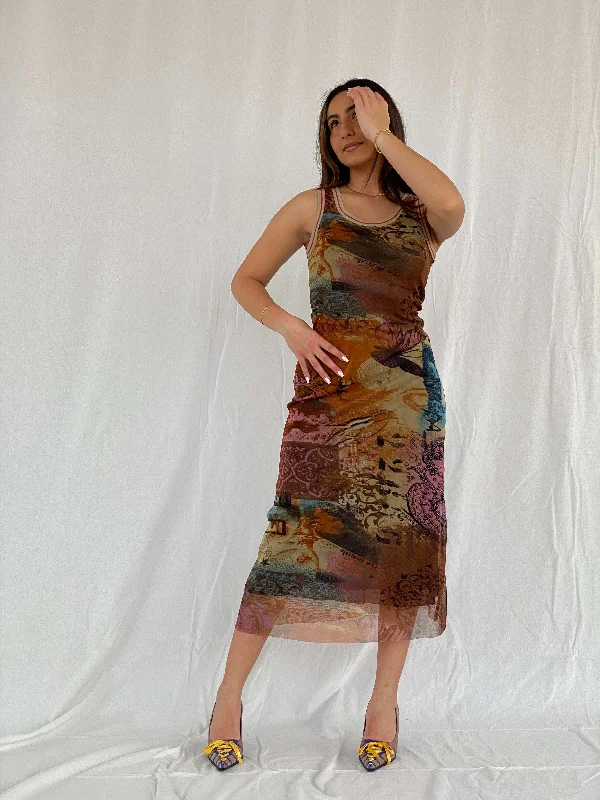 Vintage Deca De Vows a Nows Printed Mesh Maxi Dress - Size M Comfortable Flowy Maxi Dress