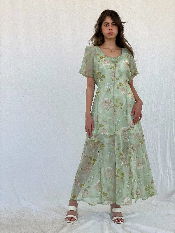 Vintage Handmade Mint Green Sheer Floral Print Maxi Dress - M Cozy Spaghetti Strap Maxi Dress Vintage Handmade Mint Green Sheer Floral Print Maxi Dress - M Cozy Spaghetti Strap Maxi Dress
