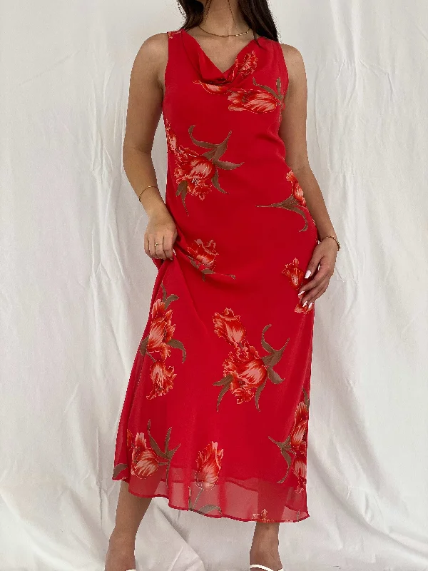 Vintage Jessica Howard Red Floral Maxi Dress Size M Trendy Maxi Dress with Straps