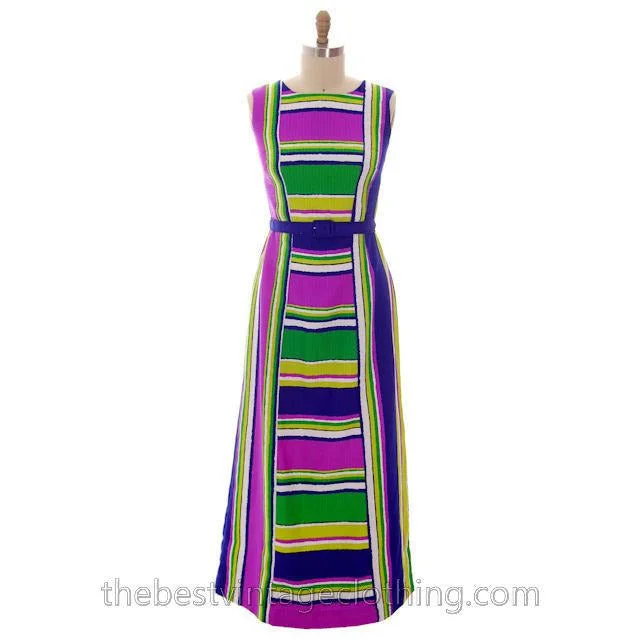 Vintage Maxi Dress Tori Richard Striped Bright Colors 1970s 35-30-44 Stylish Maxi Dress with Frills Vintage Maxi Dress Tori Richard Striped Bright Colors 1970s 35-30-44 Stylish Maxi Dress with Frills