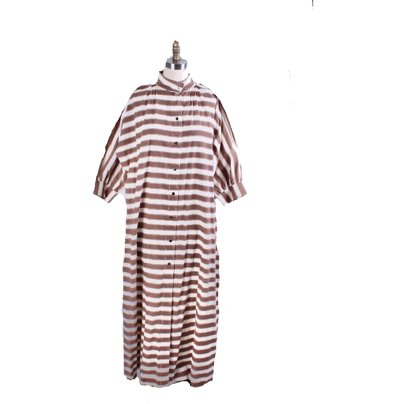 1970s Vuokko Maxi Dress Snap Front Horizontal Stripe Cotton Mocha Brown 1970s M Cozy Spaghetti Strap Maxi Dress 1970s Vuokko Maxi Dress Snap Front Horizontal Stripe Cotton Mocha Brown 1970s M Cozy Spaghetti Strap Maxi Dress