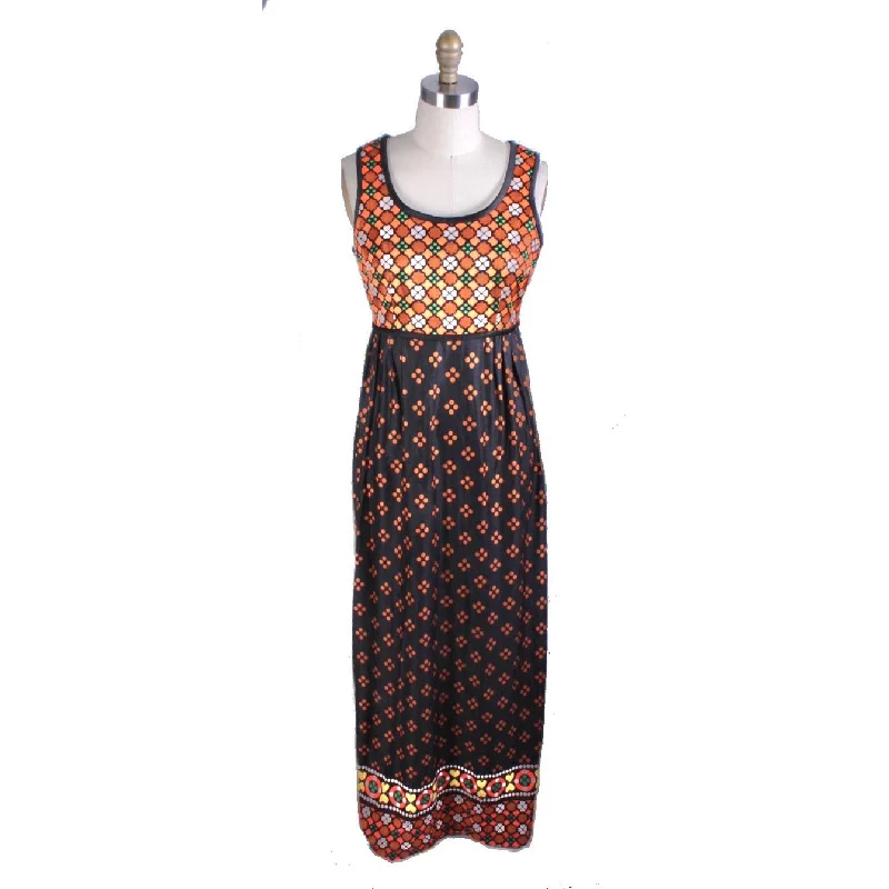 VTg 1960s Maxi Dress Gown Polka Dot Border Print Knit Sz S/M Knit Hippie Boho Comfortable Maxi Dress with Slits VTg 1960s Maxi Dress Gown Polka Dot Border Print Knit Sz S/M Knit Hippie Boho Comfortable Maxi Dress with Slits