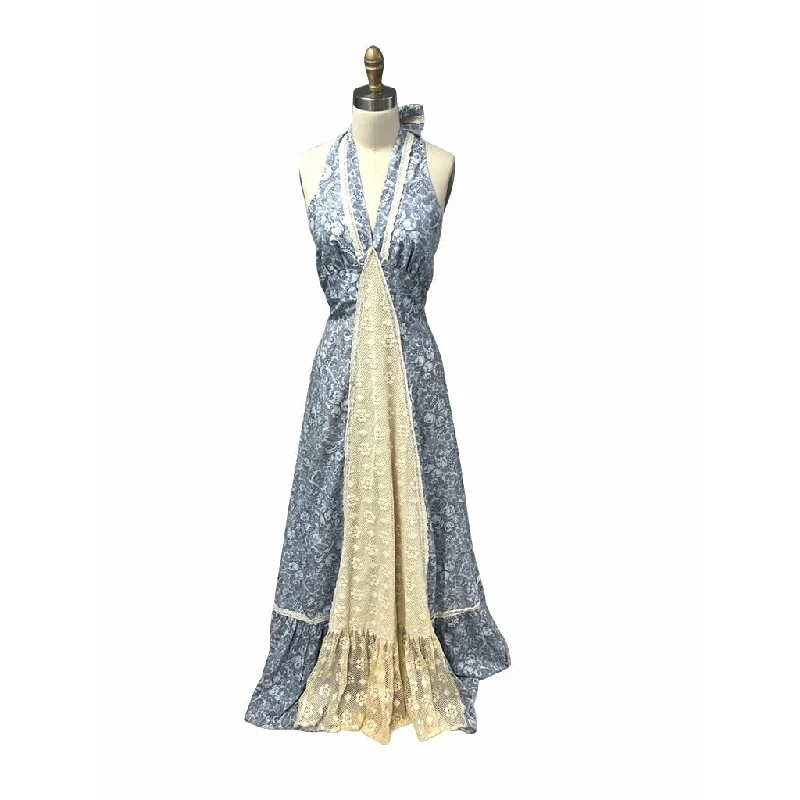 VTG Early 70s Gunne Sax Halter Maxi Dress M Blue Floral+Lace Cottage core Black label Cozy Knitted Maxi Dress VTG Early 70s Gunne Sax Halter Maxi Dress M Blue Floral+Lace Cottage core Black label Cozy Knitted Maxi Dress