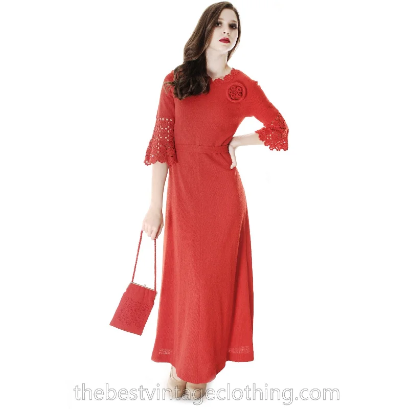 Vtg Finnish Red Wool Knitted Maxi Dress & Matching Bag 1970s Punainen Rukki Elegant Maxi Dress with Ruffles Vtg Finnish Red Wool Knitted Maxi Dress & Matching Bag 1970s Punainen Rukki Elegant Maxi Dress with Ruffles