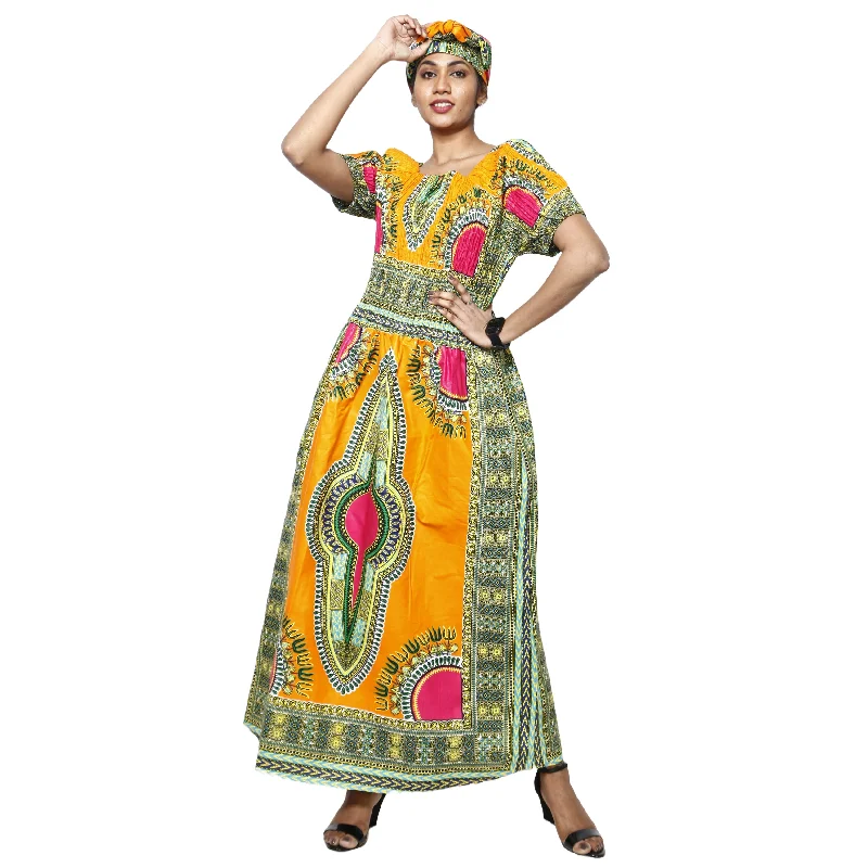 Women's Dashiki Smocking Short Sleeve Maxi Dress -- FI-5007 Elegant Maxi Dress with Lace Women's Dashiki Smocking Short Sleeve Maxi Dress -- FI-5007 Elegant Maxi Dress with Lace