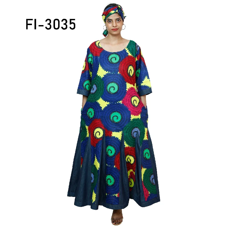 Women's Printed and Denim Long Sleeve Maxi Dress -- FI-3035 Stylish Maxi Dress with Pleats Women's Printed and Denim Long Sleeve Maxi Dress -- FI-3035 Stylish Maxi Dress with Pleats