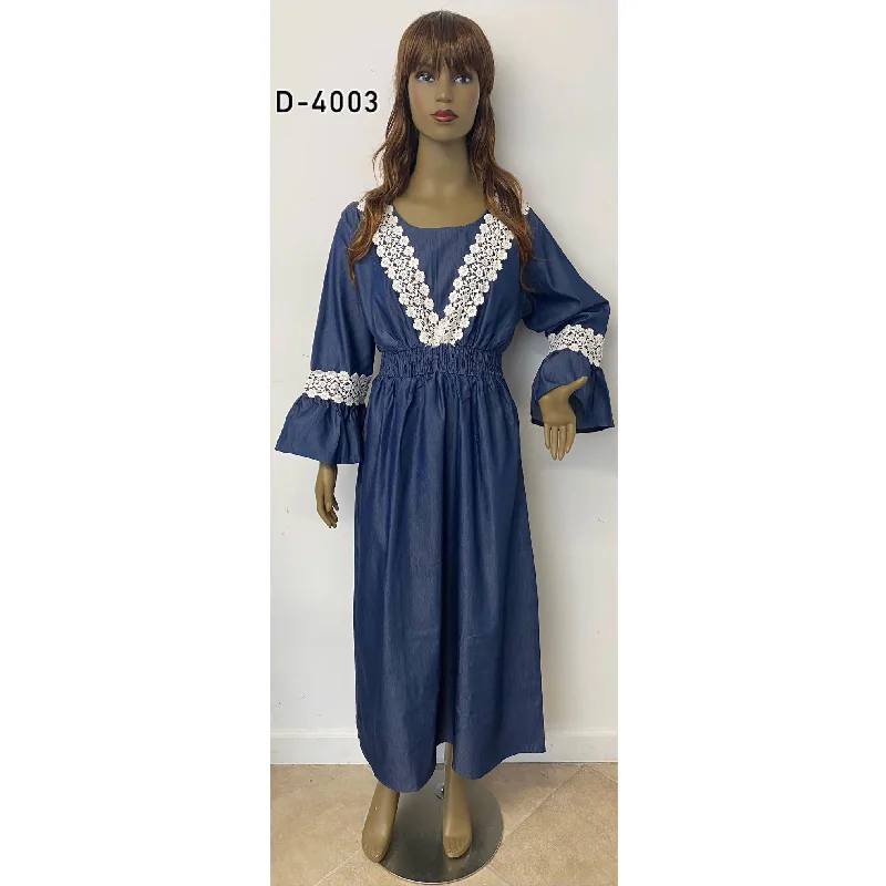 Women's White Embroidered Denim Maxi Dress - D-4003 Denim Comfortable Ruffle Maxi Dress Women's White Embroidered Denim Maxi Dress - D-4003 Denim Comfortable Ruffle Maxi Dress