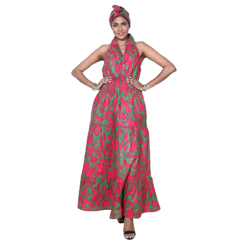 Women's 3 Button Sleeveless Halter Collar Maxi Dress -- FI-3028L Comfortable Fit-and-Flare Maxi Dress Women's 3 Button Sleeveless Halter Collar Maxi Dress -- FI-3028L Comfortable Fit-and-Flare Maxi Dress