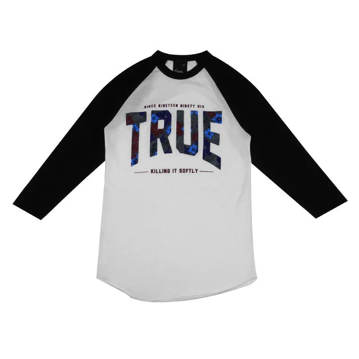Womens True Floral 2 Raglan T-Shirt White/Black Chenille Blend Fleece Blend Nylon Blend Womens True Floral 2 Raglan T-Shirt White/Black Chenille Blend Fleece Blend Nylon Blend