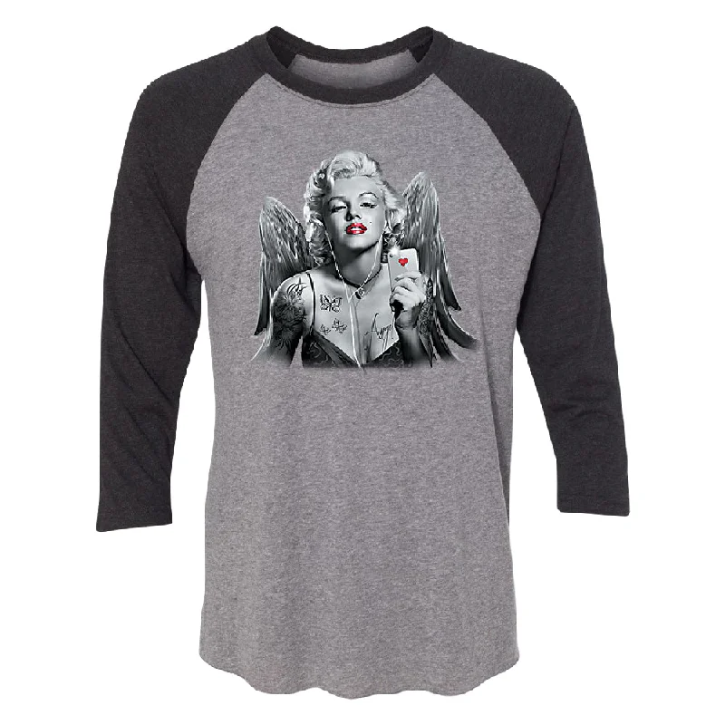 Zexpa Apparel™ Marilyn Monroe Angel Wings Phone Selfie 3/4 Raglan Tee Thin T-Shirt Open Front Quick Dry Zexpa Apparel™ Marilyn Monroe Angel Wings Phone Selfie 3/4 Raglan Tee Thin T-Shirt Open Front Quick Dry