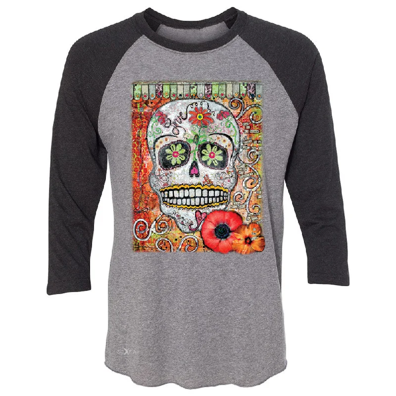 Zexpa Apparelâ„¢ Love Skull with Flower 3/4 Sleevee Raglan Tee Day Of The Dead Oct 31 Tee Welt Pockets Slit Pockets