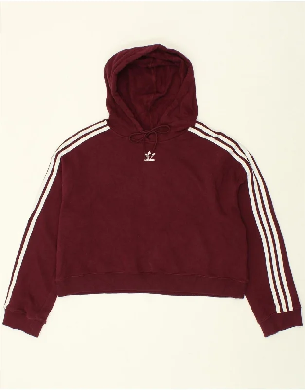 ADIDAS Womens Crop Hoodie Jumper UK 14 Large Burgundy Cotton Hoodie with Illustration Artistic Creative ADIDAS Womens Crop Hoodie Jumper UK 14 Large Burgundy Cotton Hoodie with Illustration Artistic Creative