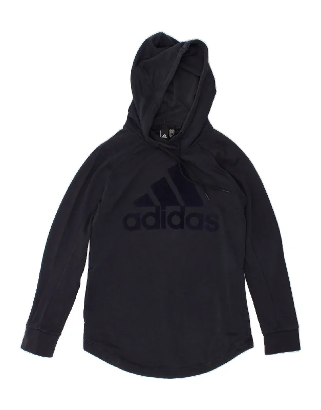 ADIDAS Womens Graphic Hoodie Jumper UK 12/14 Medium Navy Blue Cotton Hoodie with Hem Frayed Vintage Worn ADIDAS Womens Graphic Hoodie Jumper UK 12/14 Medium Navy Blue Cotton Hoodie with Hem Frayed Vintage Worn