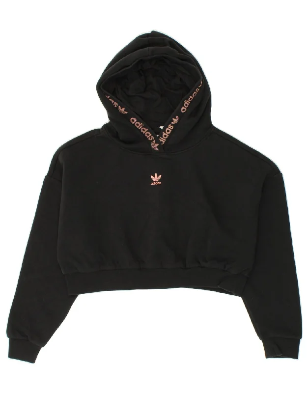 ADIDAS Womens Oversized Graphic Crop Hoodie Jumper UK 8 Small Black Cotton Hoodie with Hem Embroidery Detailed Premium ADIDAS Womens Oversized Graphic Crop Hoodie Jumper UK 8 Small Black Cotton Hoodie with Hem Embroidery Detailed Premium