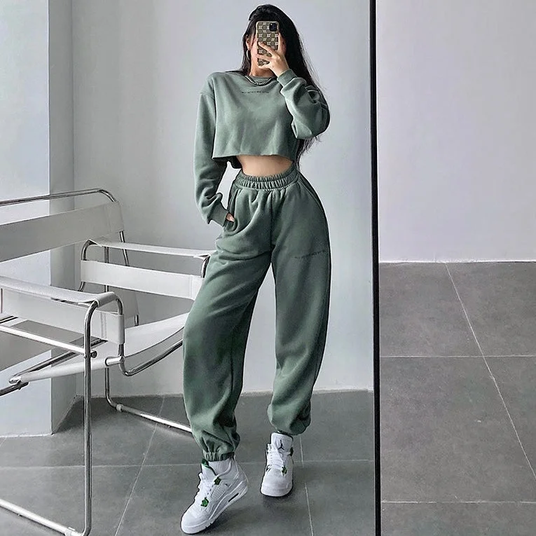 Alice Solid Color Cropped Long Sleeve Sweatshirt High Waist Sweatpants Matching Set Hoodie with Half-Zip Sporty Casual Alice Solid Color Cropped Long Sleeve Sweatshirt High Waist Sweatpants Matching Set Hoodie with Half-Zip Sporty Casual