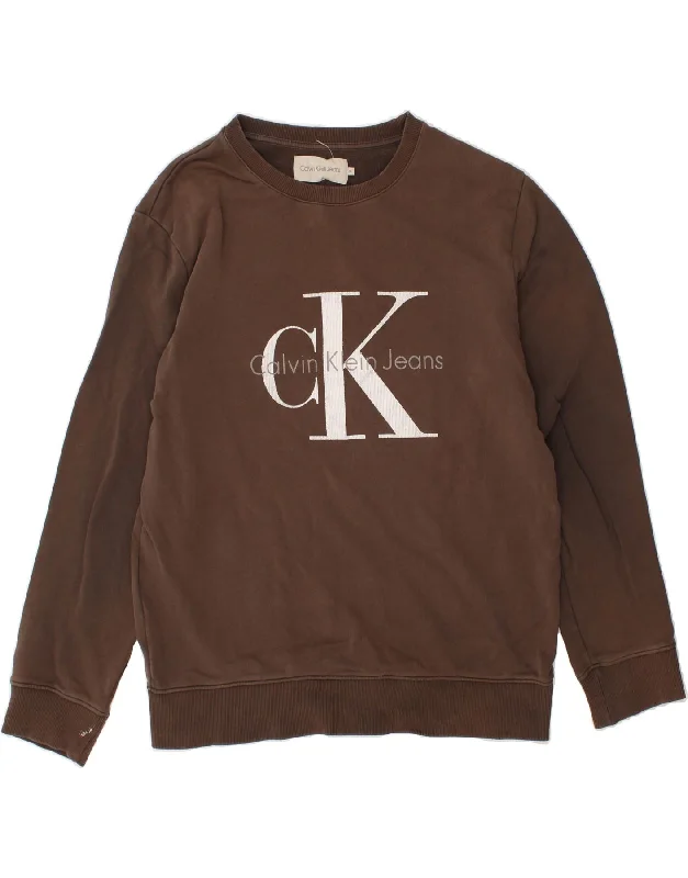 CALVIN KLEIN JEANS Womens Graphic Sweatshirt Jumper UK 18 XL Brown Hoodie with Hem Fringe Bohemian Relaxed CALVIN KLEIN JEANS Womens Graphic Sweatshirt Jumper UK 18 XL Brown Hoodie with Hem Fringe Bohemian Relaxed