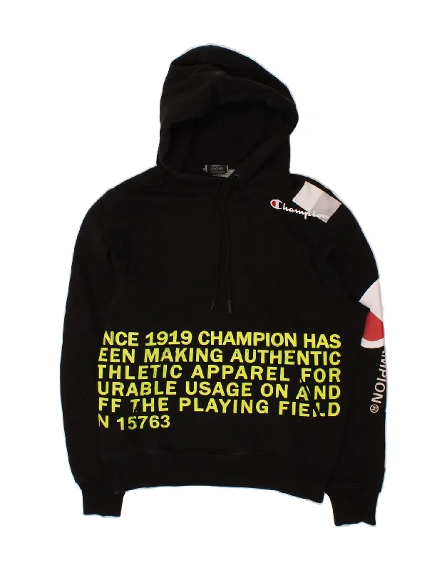 CHAMPION Mens Graphic Hoodie Jumper Medium Black Cotton Hoodie with Hem Fringe Bohemian Relaxed CHAMPION Mens Graphic Hoodie Jumper Medium Black Cotton Hoodie with Hem Fringe Bohemian Relaxed