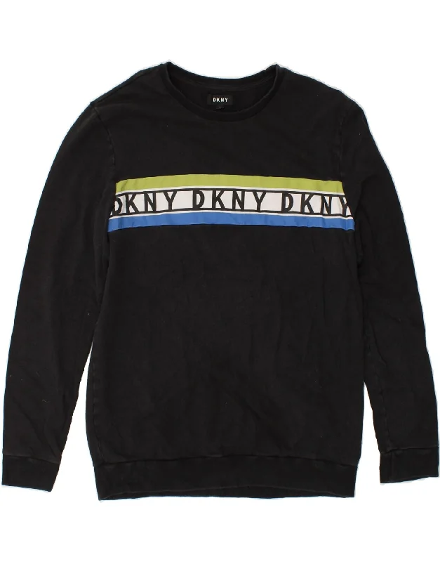 DKNY Womens Graphic Sweatshirt Jumper UK 16 Large Black Cotton Hoodie with Hem Detail Decorative Unique DKNY Womens Graphic Sweatshirt Jumper UK 16 Large Black Cotton Hoodie with Hem Detail Decorative Unique