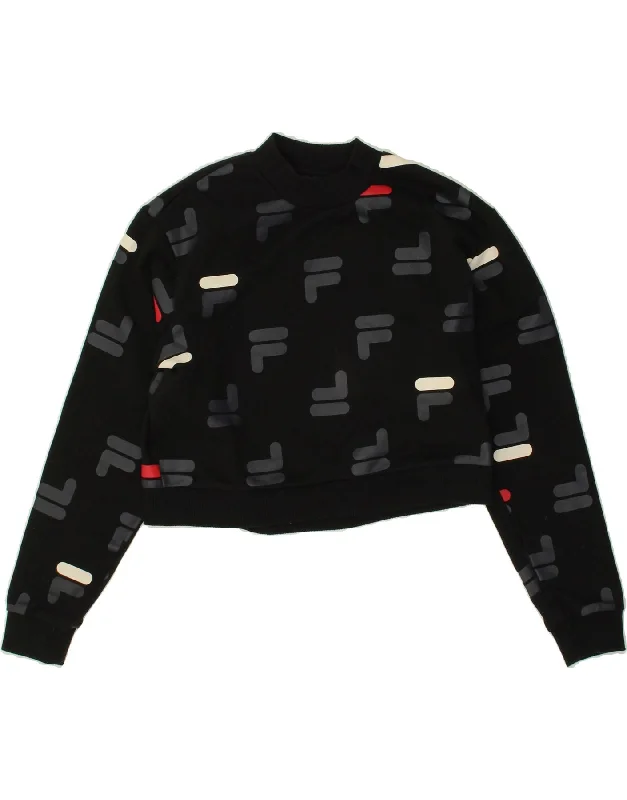 FILA Womens Crop Graphic Sweatshirt Jumper UK 10 Small Black Polyester Hoodie with Monochrome Minimalist Simple FILA Womens Crop Graphic Sweatshirt Jumper UK 10 Small Black Polyester Hoodie with Monochrome Minimalist Simple