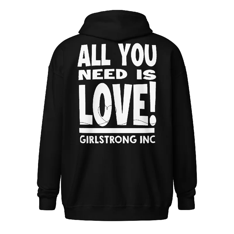 GS GRAPHIX FLEECE ZIP HOODIE - ALL YOU NEED IS LOVE! Hoodie with Distressed Vintage Worn GS GRAPHIX FLEECE ZIP HOODIE - ALL YOU NEED IS LOVE! Hoodie with Distressed Vintage Worn