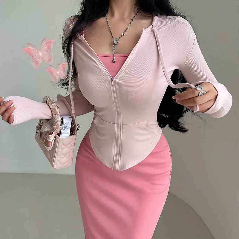 Halia Solid Color Zip Up Hooded Drawstring Slim Long Sleeve Cardigan Sweatshirt Top Hoodie with Batwing Sleeves Loose Dramatic Halia Solid Color Zip Up Hooded Drawstring Slim Long Sleeve Cardigan Sweatshirt Top Hoodie with Batwing Sleeves Loose Dramatic