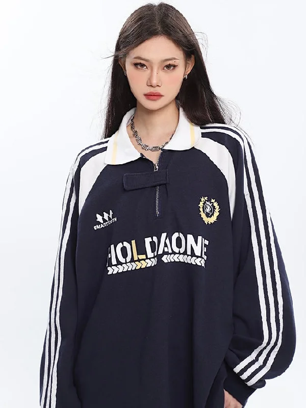 HOLDAON Retro Loose Polo Collar Stripe Long Sleeve Long Sweatshirt Hoodie with Slim Fit Tailored Modern HOLDAON Retro Loose Polo Collar Stripe Long Sleeve Long Sweatshirt Hoodie with Slim Fit Tailored Modern