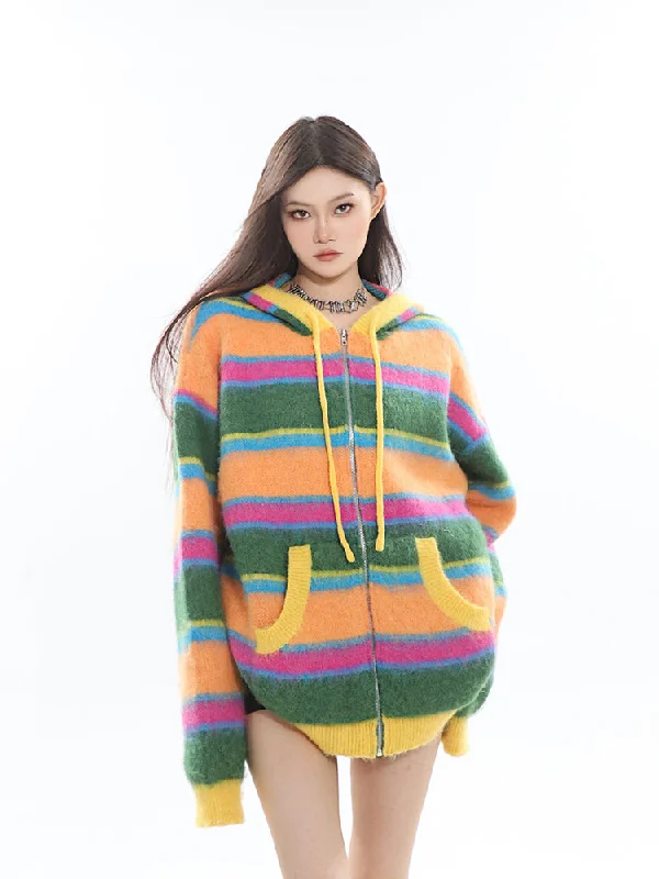 Joy Vintage Rainbow Strip Knitted Long Sleeve Zip Up Hooded Sweatshirt Sweater Hoodie with Longline Fit Extended Stylish Joy Vintage Rainbow Strip Knitted Long Sleeve Zip Up Hooded Sweatshirt Sweater Hoodie with Longline Fit Extended Stylish