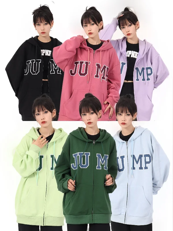 JUMP Big Logo Zip Up Loose Casual Long Sleeve Hoodie Hooded Sweatshirt Casual Wear Street Style JUMP Big Logo Zip Up Loose Casual Long Sleeve Hoodie Hooded Sweatshirt Casual Wear Street Style
