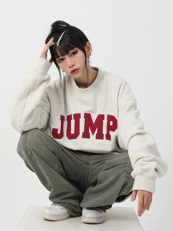 JUMPNEXT Vintage Suede Patch Embroidered Letter Winter Fleece Loose Crewneck Sweatshirt Hoodie with Hem Applique Textured Unique JUMPNEXT Vintage Suede Patch Embroidered Letter Winter Fleece Loose Crewneck Sweatshirt Hoodie with Hem Applique Textured Unique