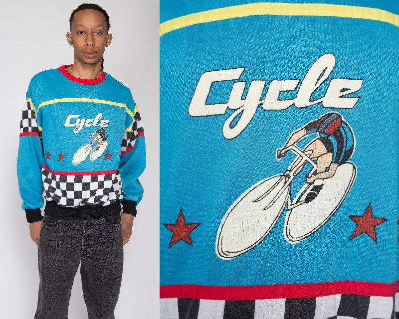 Large 80s Cycling Graphic Blue Color Block Sweatshirt Hoodie with Lining Warm Insulated Large 80s Cycling Graphic Blue Color Block Sweatshirt Hoodie with Lining Warm Insulated