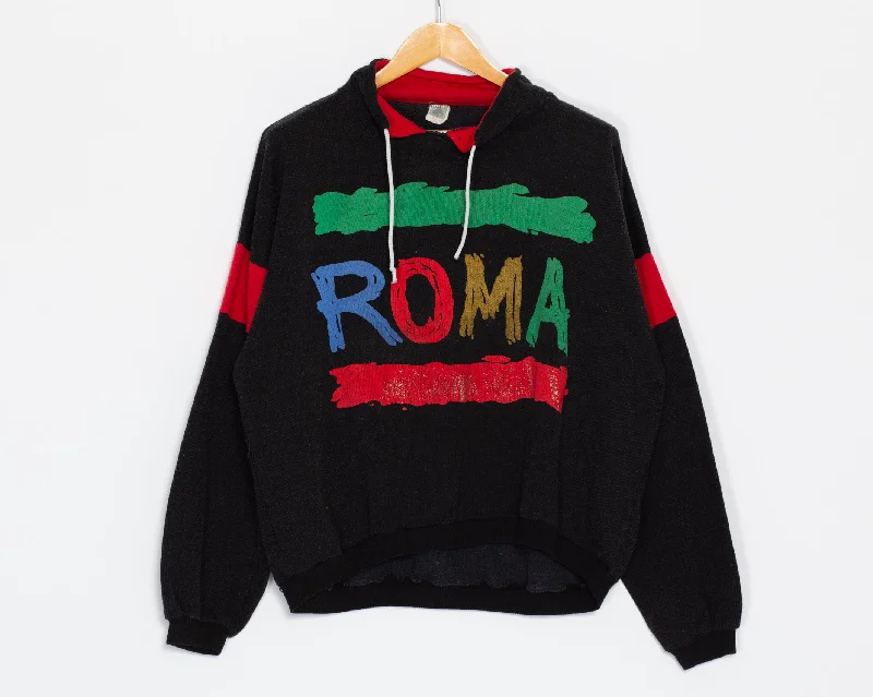 Lrg-XL 80s Roma Italy Drawstring Collar Sweatshirt Hoodie with Color Block Contrast Stylish Lrg-XL 80s Roma Italy Drawstring Collar Sweatshirt Hoodie with Color Block Contrast Stylish