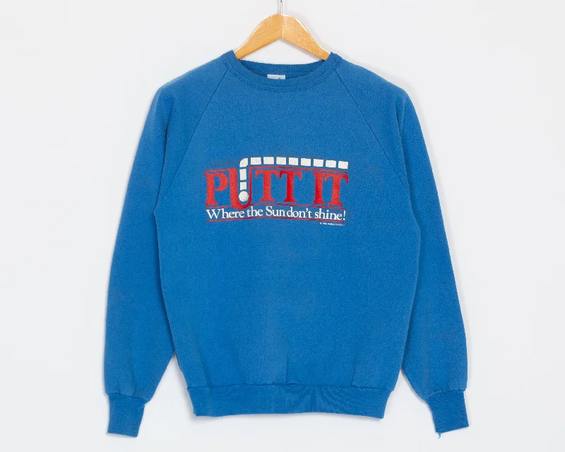 Medium 80s "Putt It Where The Sun Don't Shine" Golf Sweatshirt Hoodie with Button Placket Classic Preppy Medium 80s "Putt It Where The Sun Don't Shine" Golf Sweatshirt Hoodie with Button Placket Classic Preppy