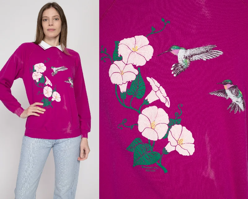 Medium 90s Hummingbird & Flower Collared Sweatshirt Hoodie with Rhinestones Sparkly Elegant Medium 90s Hummingbird & Flower Collared Sweatshirt Hoodie with Rhinestones Sparkly Elegant