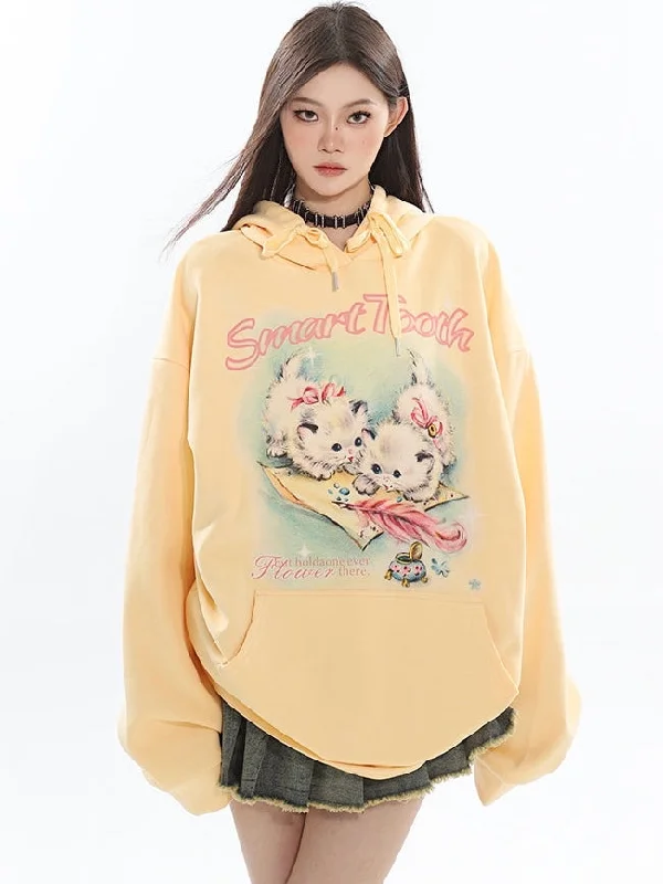 Mielle Solid Color Cute Kitty Print Long Sleeve Hooded Sweatshirt Hoodie with Emblem Brand Identity Mielle Solid Color Cute Kitty Print Long Sleeve Hooded Sweatshirt Hoodie with Emblem Brand Identity