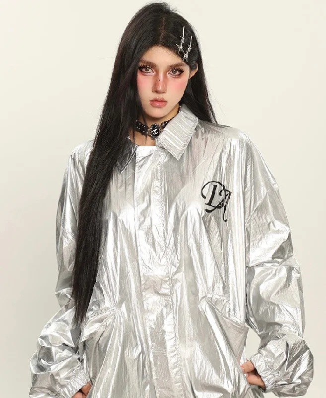 Nania Metallic Silver Long Sleeve Zip Up Multi-Pocket Baggy Sweatshirt Jacket Hoodie with Full-Zip Functional Layering Nania Metallic Silver Long Sleeve Zip Up Multi-Pocket Baggy Sweatshirt Jacket Hoodie with Full-Zip Functional Layering
