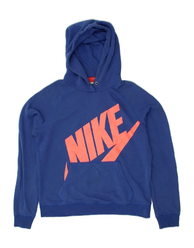 NIKE Womens Graphic Hoodie Jumper UK 14 Medium Navy Blue Cotton Hoodie with Hem Frayed Vintage Worn NIKE Womens Graphic Hoodie Jumper UK 14 Medium Navy Blue Cotton Hoodie with Hem Frayed Vintage Worn