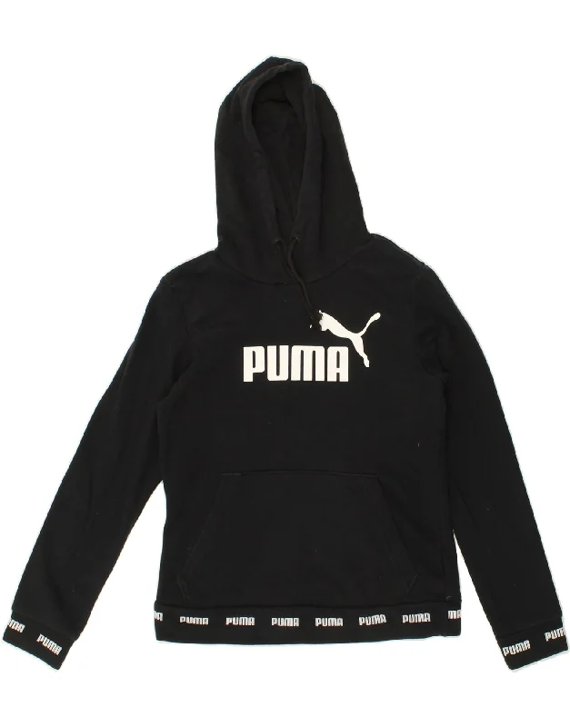 PUMA Womens Graphic Hoodie Jumper UK 10 Small Black Hoodie with Frayed Bohemian Relaxed PUMA Womens Graphic Hoodie Jumper UK 10 Small Black Hoodie with Frayed Bohemian Relaxed