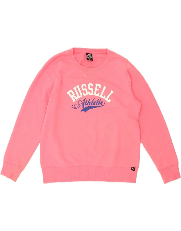 RUSSELL ATHLETIC Womens Graphic Sweatshirt Jumper UK 16 Large Pink Cotton Hoodie with Bell Sleeves Flared Feminine RUSSELL ATHLETIC Womens Graphic Sweatshirt Jumper UK 16 Large Pink Cotton Hoodie with Bell Sleeves Flared Feminine