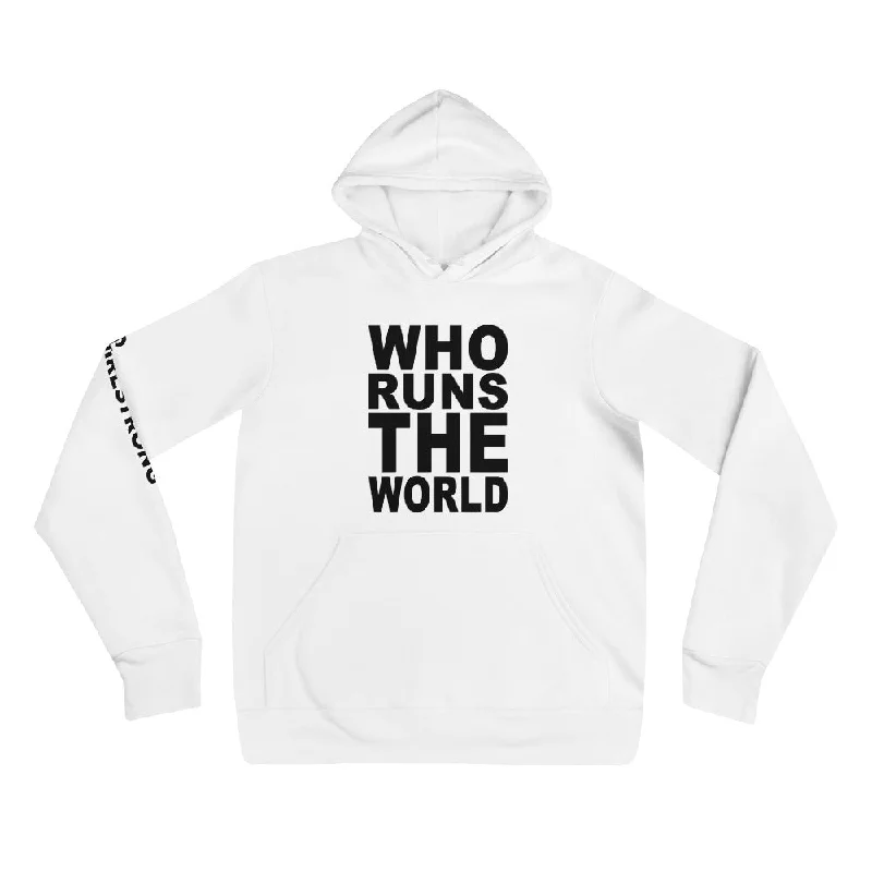BEST FIT, BEST FEEL FLEECE HOODIE WHITE - WHO RUNS THE WORLD Hoodie with Zipper Placket Modern Functional BEST FIT, BEST FEEL FLEECE HOODIE WHITE - WHO RUNS THE WORLD Hoodie with Zipper Placket Modern Functional